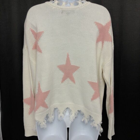 Sweet & Sinful Womens Large Cream Frayed Design Pink Stars Sweater L - Picture 2 of 16
